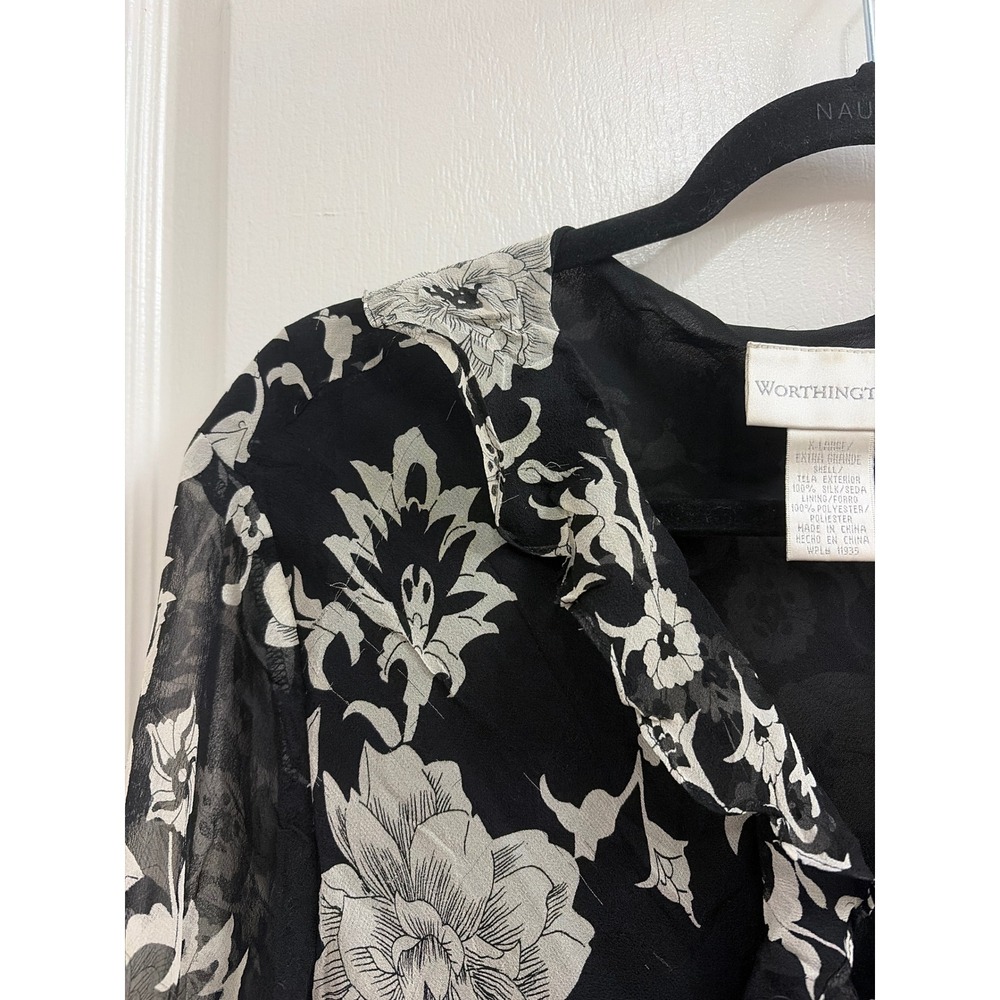 Blouse Floral Whimsigoth Worthington Women XL Silk Flutter Sleeve Tie Front - Picture 3 of 10